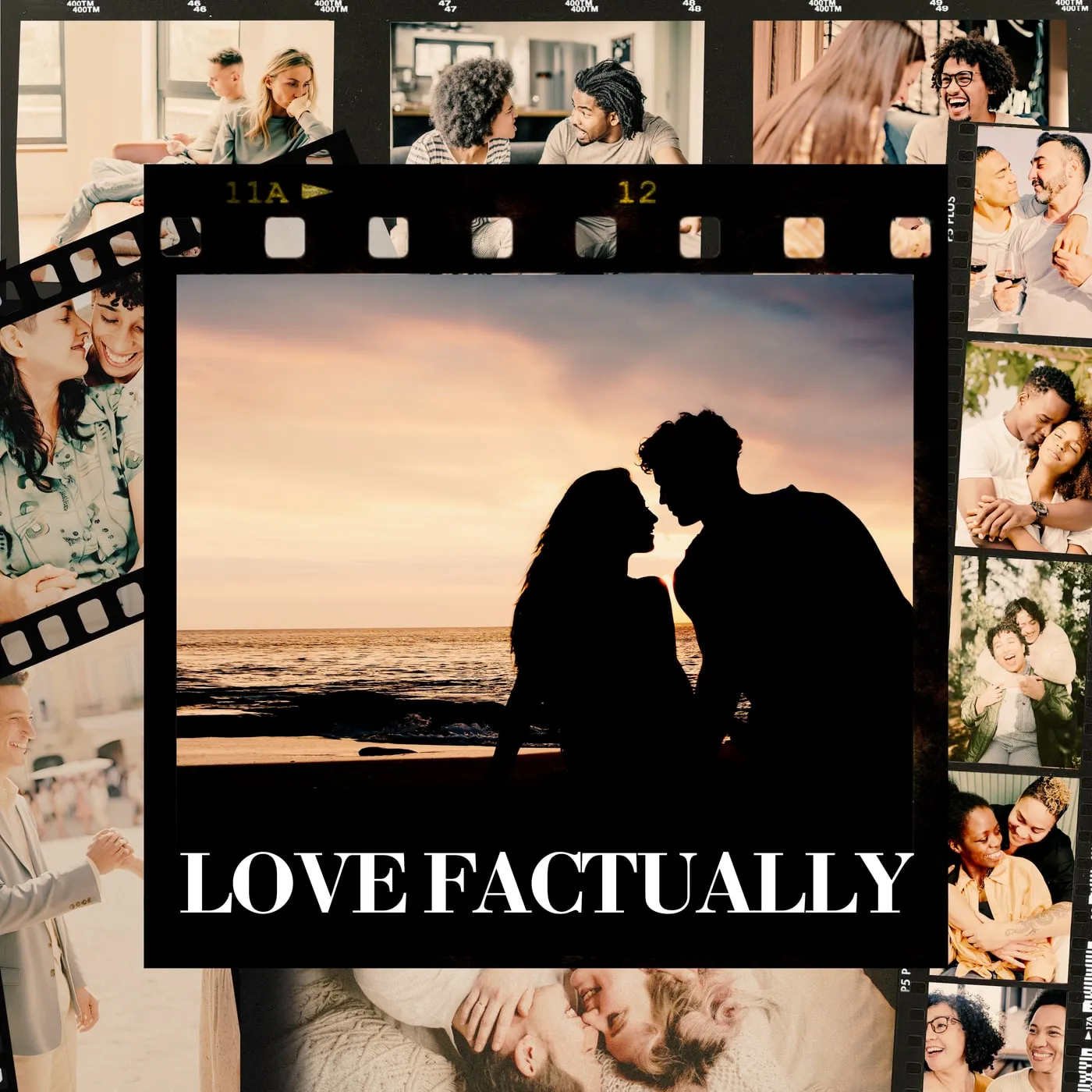 The Love Factually show art: a couple silhouetted against a sunset inside a 35mm film frame, surrounded by film strips of couples.
